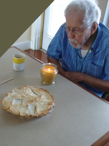 Dad liked the sweet and tangy taste of lemon desserts. For his 88th birthday, I made him this meringue pie. I didn't think the pie could handle a candle, so I brought one of my jar candles for him to blow out. 
